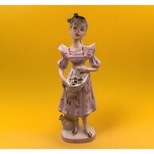 Vintage‎ Figurine Girl Holding Chicken Japan 1930s Porcelain 11" Hand Painted
